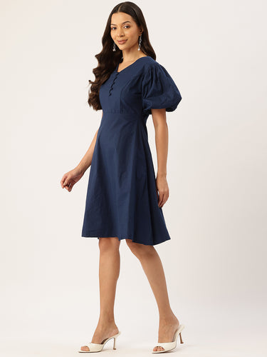 Puff Sleeve Fit & Flare Midi Dress